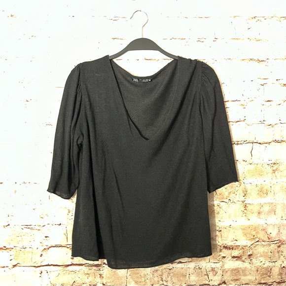 Black Zara V-neck shirt sleeve puffy shoulder top size medium - Picture 2 of 6